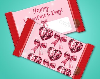 Envoltorio de caramelos Disco de San Valentín con forma de corazón y lazo: Barra de waffer de 1.5 oz (PDF)