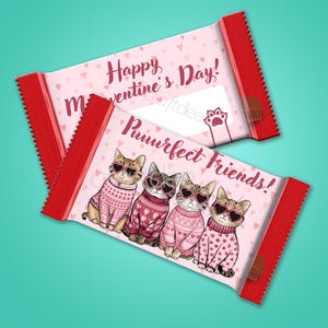 May include: Pink and red Valentine's Day chocolate bar wrapper with a white background. The wrapper features a line of four cats wearing pink sweaters with hearts and sunglasses. The text "Purr-rfect Friends!" is printed on the wrapper.