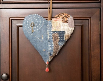 Boro inspired sashiko embroidered heart. Stuffed key to my heart slow stitched ornament. Upcycled designer fabric patchwork Repurposed jeans