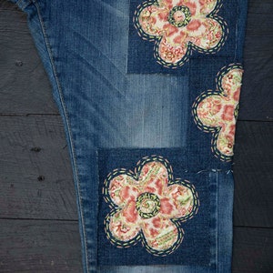 Denim and upcycled designer fabric patch. Embroidered appliqué flower. Slow stitch jeans repair patch. Visible mending naive patch