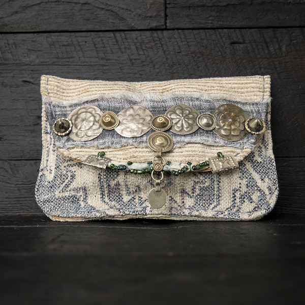 Boho clutch bag. Ready to ship. Vintage Kuchi Turkoman buttons, tribal medallions, glass beads decoration. Blue and cream luxurious fabrics.