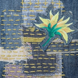 Sashiko hand embroidered large patch. Boro inspired slow stitch visible mending. Upcycled designer fabric & unique hand-painted patchwork.