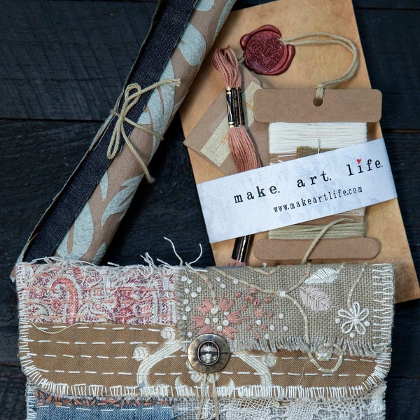 Make your own Japanese boro-inspired patchwork clutch purse with sashiko stitching. Blush pink designer textiles and denim slow stitch kit.