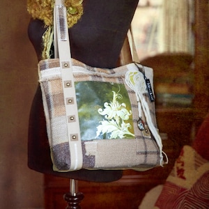 One-of-a-kind shoulder bag. Handmade tote with Maria Woods Flourish artwork canvas print. Patchwork Mulberry Home wool fabric. Ready to ship