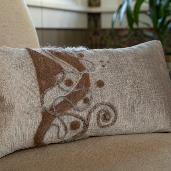 Modern Textured Accent Pillow Cover. Hand Needle Felted Lumbar Pillow. Natural Wool Fibers. Decorative Fiber Art Cushion. Designer Fabric.