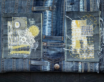Jeans repair patch. Boro slow stitch visible mending. Upcycled designer fabric appliqué.  Sashiko hand embroidered patch. Denim patchwork.