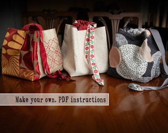 Reversible Japanese rice bag/Komebukuro PDF pattern, instant download, sewing tutorial for drawstring bag.