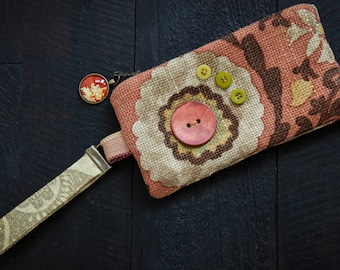 OOAK wristlet clutch bag, handmade from light salmon pink, beige and brown designer linen fabrics and coordinating buttons. Ready to ship