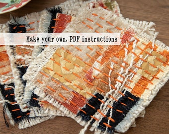 Sewing tutorial for Japanese boro-inspired patchwork coasters w/sashiko stitching. PDF pattern, instant download. Easy slow-stitched project