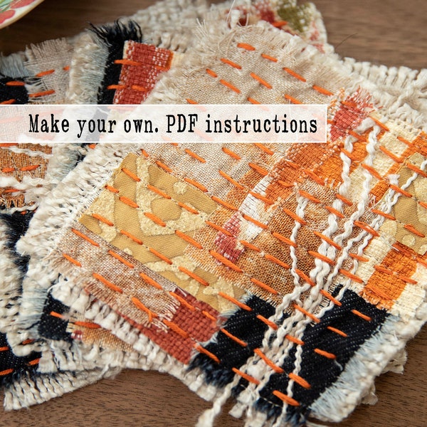 Sewing tutorial for Japanese boro-inspired patchwork coasters w/sashiko stitching. PDF pattern, instant download. Easy slow-stitched project