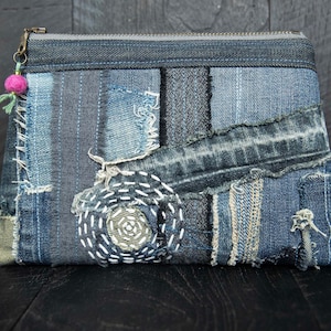 Zippered denim patchwork bag. Upcycled jeans purse. Denim clutch bag.  One of a kind. Ready to ship.
