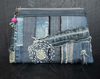 Zippered denim patchwork bag. Upcycled jeans purse. Denim clutch bag.  One of a kind. Ready to ship.