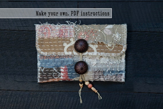 PDF instructions, instant download, sewing tutorial for Japanese boro-inspired patchwork clutch with sashiko stitching. Slow-stitched pouch.