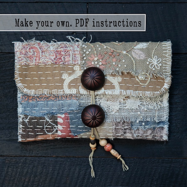 Patron PDF, téléchargement immédiat, tutoriel de couture pour pochette patchwork d'inspiration boro japonaise avec surpiqûres sashiko. Porte-monnaie à coutures lentes