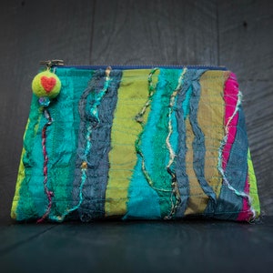 Silk & denim clutch bag. Vibrant jewel-like colors. Aqua, teal, chartreuse, fuchsia. Upcycled sari silk pouch. Handmade by make. art. life.