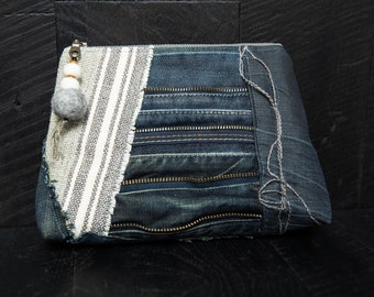 Denim clutch bag. Upcycled jeans purse. Zippered patchwork bag. One of a kind. Ready to ship.