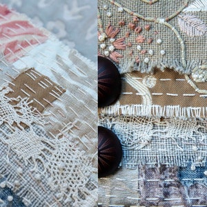 May include: Close-up of a fabric patchwork with different textures and colors, including white, brown, and blue. The fabric is stitched together with white thread and has a frayed edge. There are two brown buttons on the fabric.