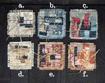 Slow stitch coaster kit. Make your own abstract, boro-inspired upcycled fabric mug rugs with sashiko stitching. A new selection of colors!