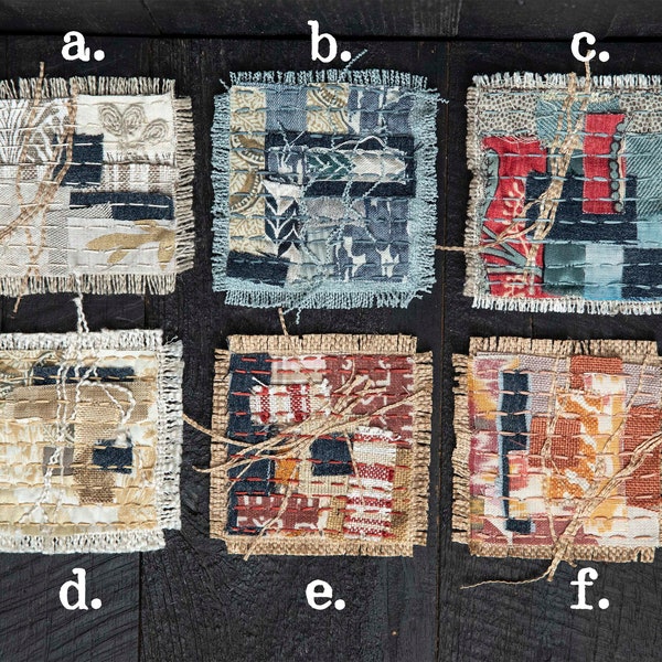 Slow stitch coaster kit. Make your own abstract, boro-inspired upcycled fabric mug rugs with sashiko stitching. A new selection of colors!