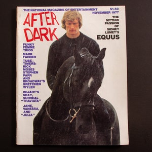 May include: A magazine cover featuring a man and a horse. The magazine is titled "After Dark" and the cover story is about the play "Equus".