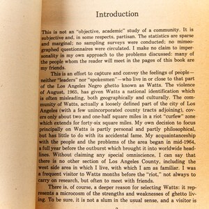 May include: A page from a book titled "Introduction" discussing the social and cultural aspects of the Watts neighborhood in Los Angeles, California. The text describes the area as a "loosely defined part of the city" and mentions the 1965 riots.