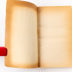May include: An open book with blank, yellowed pages. The book is held open with a red binder clip.