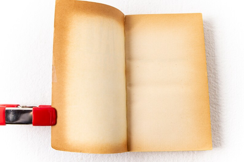 May include: An open book with blank, yellowed pages. The book is held open with a red binder clip.