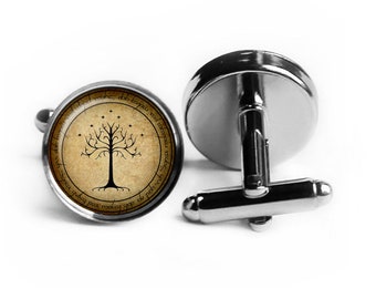 J.R.R. Tolkien "One Ring To Rule Them All.." White Tree of Gondor Elven Script Cufflinks
