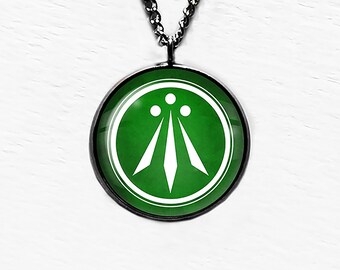 Celtic Symbol - The Awen - Three Rays of Light - White on Green Pendant and Necklace