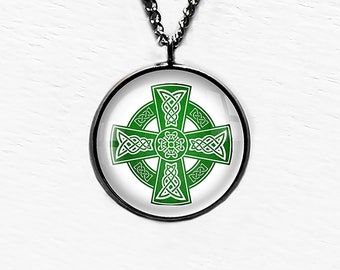 Celtic Cross Green on White Pendant and Necklace