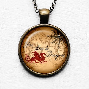 Ancient Map "Here there be Dragons." Pendant & Necklace