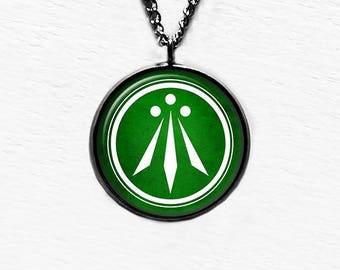 Celtic Symbol - The Awen - Three Rays of Light - White on Green Pendant and Necklace