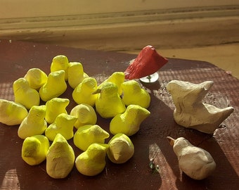 6 Baby Solid Clay Yellow Chicken Sculptures Figurines