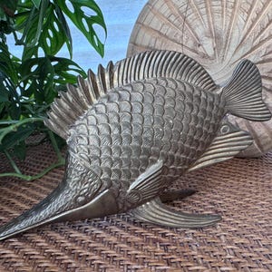 brass fish figurine statue paperweight | animal collector | coastal decor