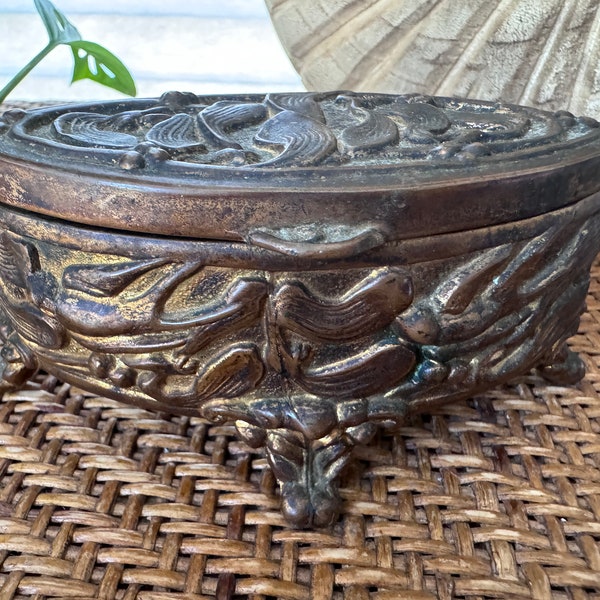antique brass metal lidded jewelry/trinket box | Art Nouveau