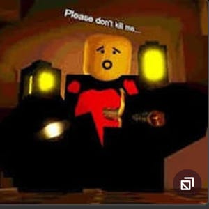 Puede incluir: Ilustración digital de una figura tipo Lego con cabeza amarilla y expresión preocupada. La figura lleva un atuendo negro con un diseño de rayo rojo. El texto "Please don't kill me..." está encima de la figura.