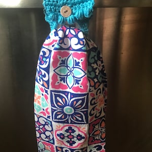 Crocheted kitchen hand towel holder bohemian design no slip