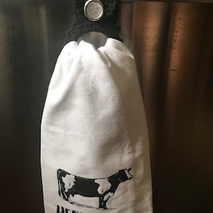 Crocheted Kitchen Hand towel holder cow themed no slip