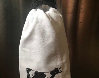 Crocheted Kitchen Hand towel holder cow themed no slip