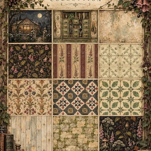 May include: A decorative display titled The Poison Garden Collection featuring a grid of twelve distinct botanical and architectural patterns, including floral motifs, stone textures, and wood planks, framed by ivy, berries, and a butterfly.