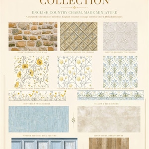 May include: A Buttercup Cottage Collection display sheet for 1:48th scale dollhouses featuring samples of honey stone wall, copper and white tin ceilings, floral wallpapers, borders, blue rag roll, limewash plaster, wall panels, and oak floorboards.