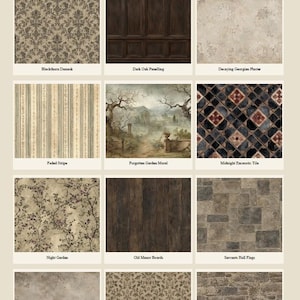 May include: A collection of twelve wallpaper samples titled HOLLOW HOUSE, featuring patterns including Blackthorn Damask, Dark Oak Panelling, Decaying Georgian Plaster, Faded Stripe, Forgotten Garden Mural, Midnight Encaustic Tile, Night Garden, Old Manor Boards, Servants Hall Flags, Smoke Stained Plaster, The Moth Wallpaper, and Weathered Stone Manor Wall.