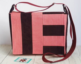 Stylish patchwork satchel crossbody bag, two tone messenger bag in coral and plum, ecofriendly gift for wife