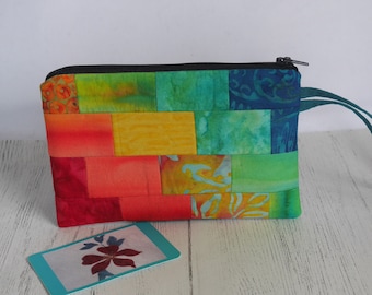 Rainbow patchwork wristlet pouch with zipper, made to order phone case