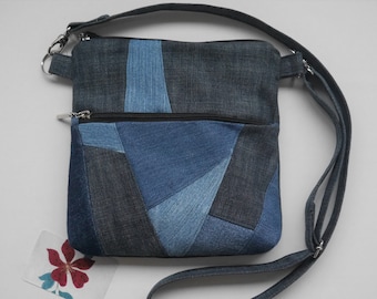 Denim patchwork crossbody bag with zipped front pocket, made to order