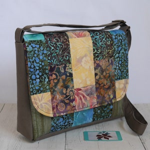 Patchwork crossbody messenger bag made to order from cotton batik fabrics in your choice of colour combination Woodland magic