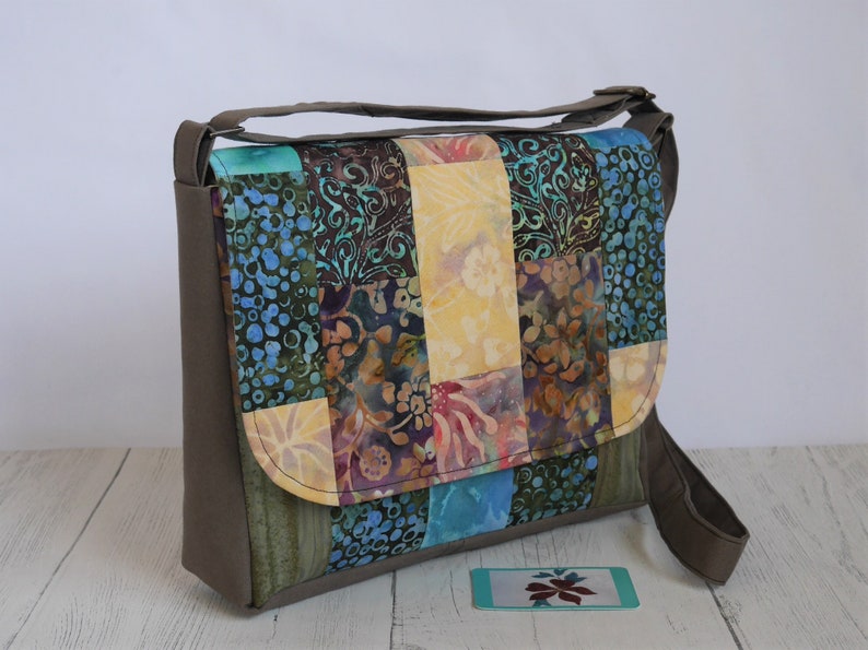 Patchwork crossbody messenger bag made to order from cotton batik fabrics in your choice of colour combination Woodland magic