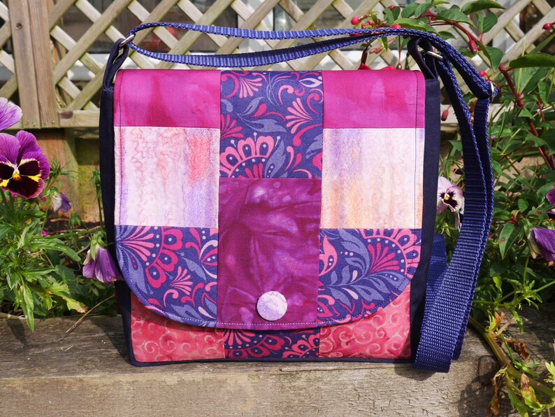 Patchwork crossbody messenger bag made to order from cotton batik fabrics in your choice of colour combination Purple passion