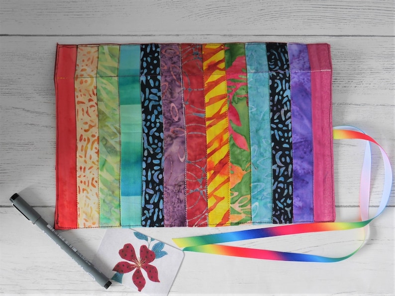 Rainbow patchwork pen roll, made to order from assorted reclaimed fabrics image 2