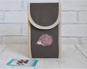 Brown eco-friendly fabric phone case with appliqued hedgehog, made to order